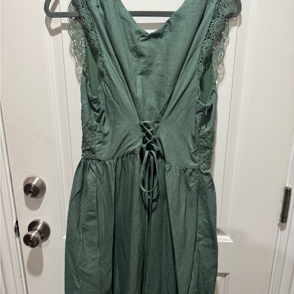 Line Vibes Elegant Green Linen Lace Maxi Dress size Large - Picture 4 of 5